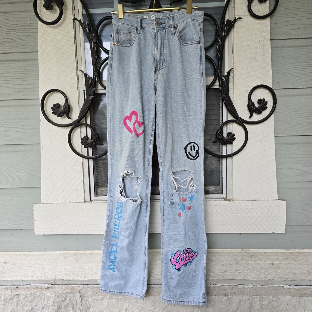 S.O.N.G. 90s Boyfriend Jeans High Rise Distressed Acid Wash Graffiti - Size 0